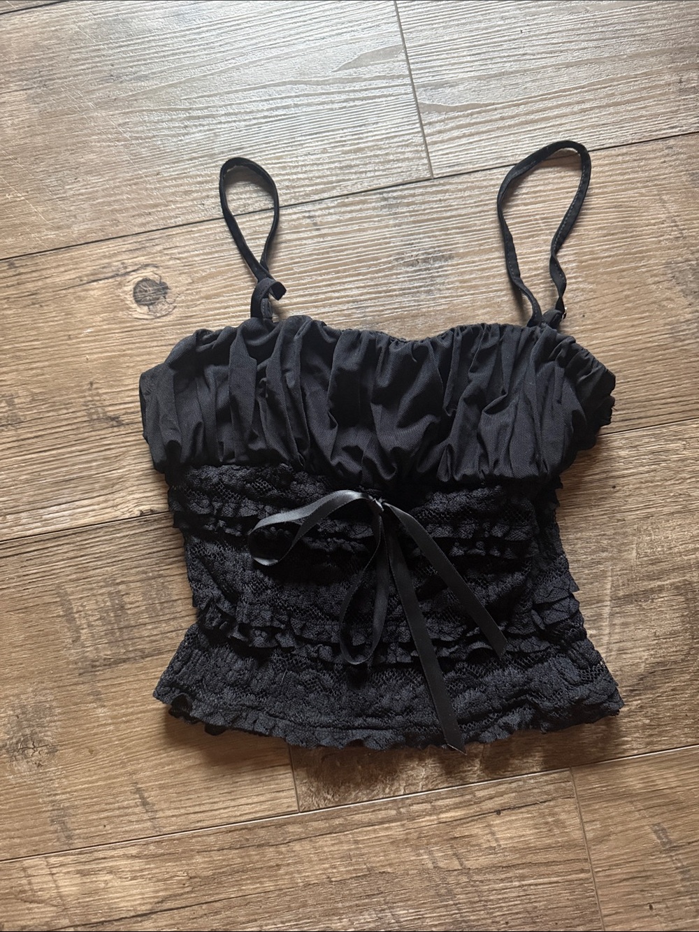 Lulu's Black Lace Smocked Crop Cami with Ribbon Tie